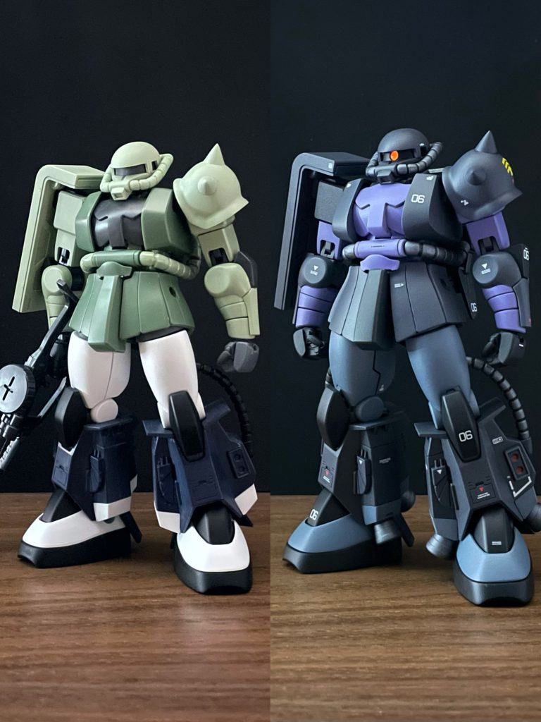 脚部とバックパックをリバイブ量産型ザクにミキシングしました。それ以外の改修は、モノアイレールの幅詰め胸のアール形状変更肘パーツ形状変更太もも内側分割ライン変更などです。