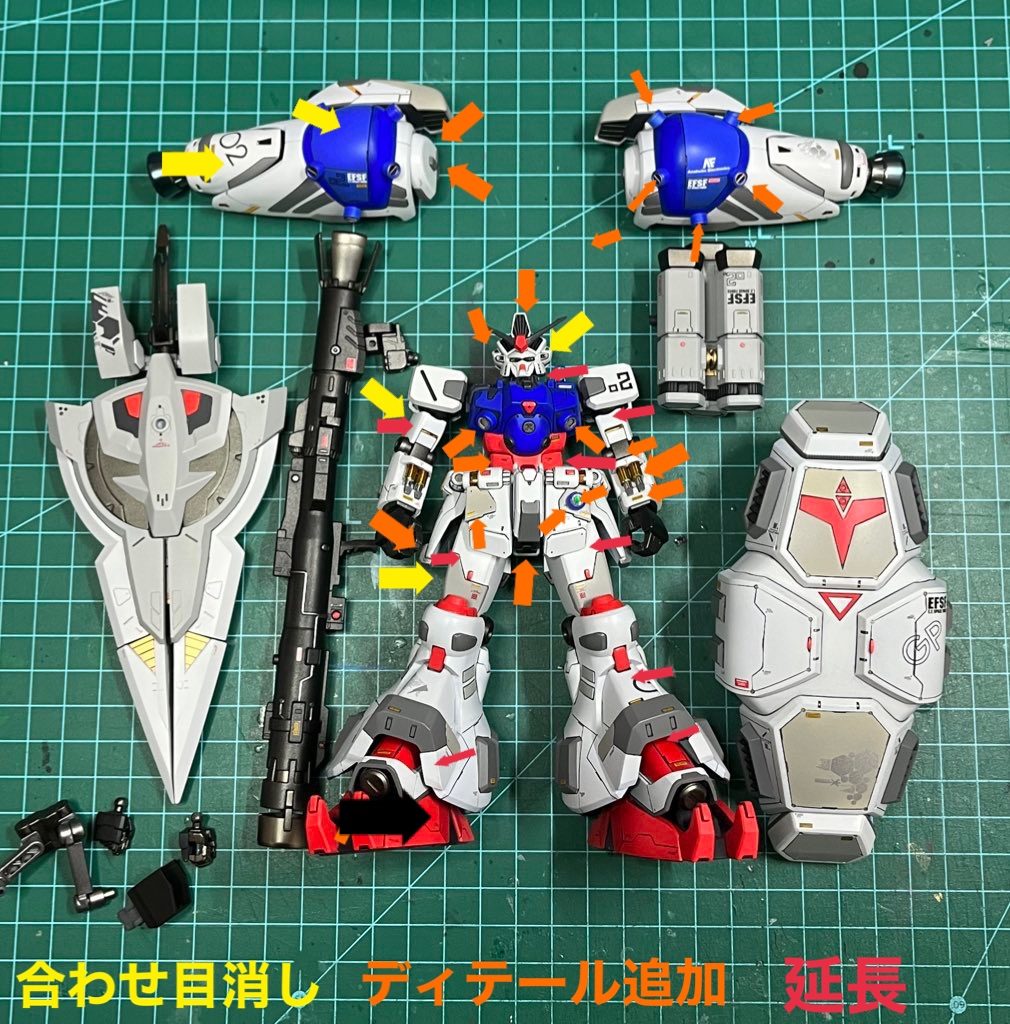 あちこちやりました笑まず、詰まってる感のある腰部を延長して、それに伴い違和感ない様に全体的に延長しています。バーニア内にはICピン入れたり写真だけでは伝わらない程の改修をしてます。作業時間は過去一くらいかかったかもですね😂新しく試みたのは各所レンズ内をメタリックシールにエッチングパーツ更にレジンで一体式にしてみました。