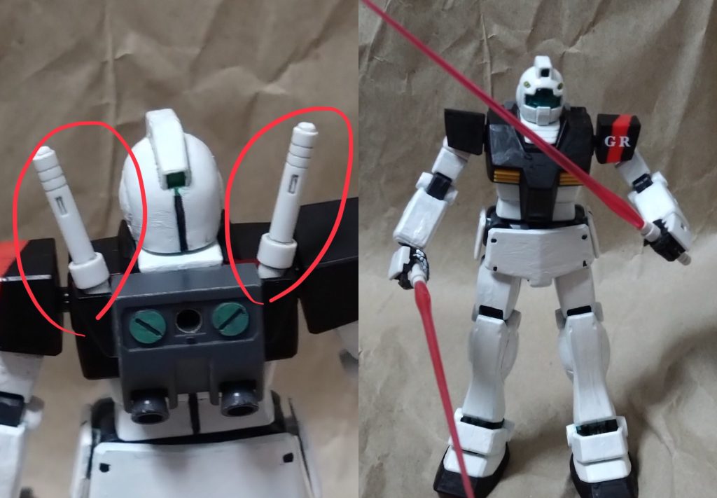 ビームサーベル×2バックパックに装備しているビーム兵装。HGガンダムのバックパックを使っている為、ビームサーベルもそのガンダムのモノを使用しています。