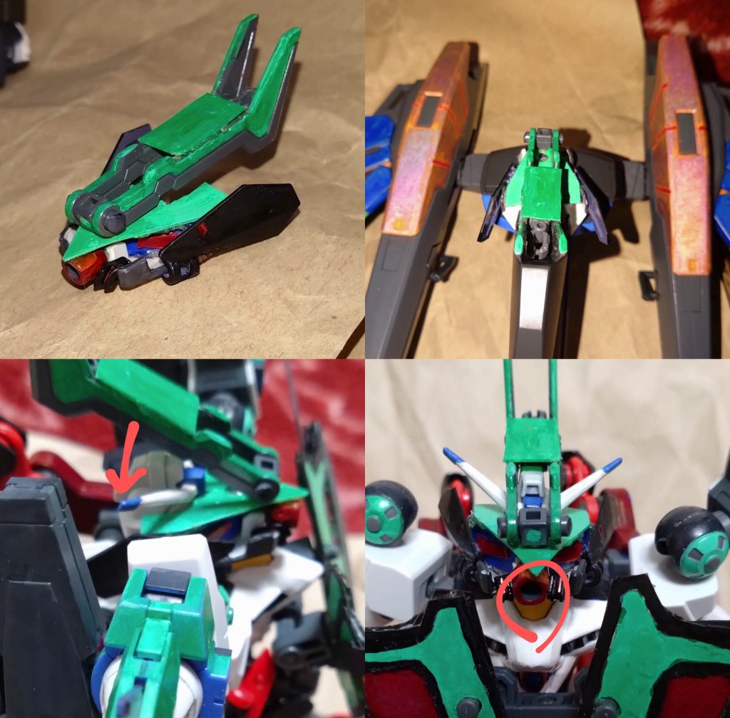 ヘッドアーマーは余っていたパーツを集めた自作です。普段はイクシードファイターの機首の裏に装備されており、頭部に装着する時は引っ掛ける形で装着します。ザクIIIみたいに口の部分に『頭部ビームキャノン(または『顎部ビームキャノン』)』が搭載されてます。出力はあまり高くないです。