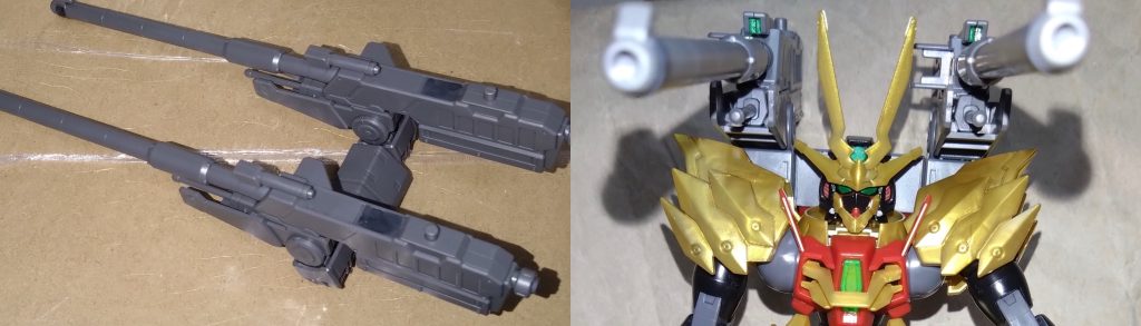 『滑腔砲』はクタン双竜型に装備している大型火器で、ティフォエウスのバックパックへの接続も可能。組み立て説明書には片方だけの接続しか書かれていませんが、接続に必要なパーツはもう一つあるので両肩に装備することが可能です。