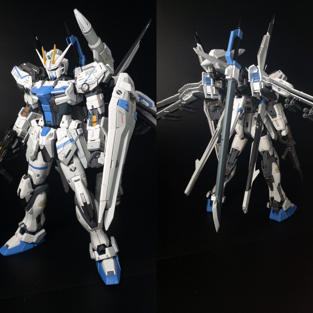 オオトリ装備。胸部は白一色だと寂しいと感じましたので思い切ってスジ彫りでディテール追加し青と白の装甲で形成されているように表現しました。