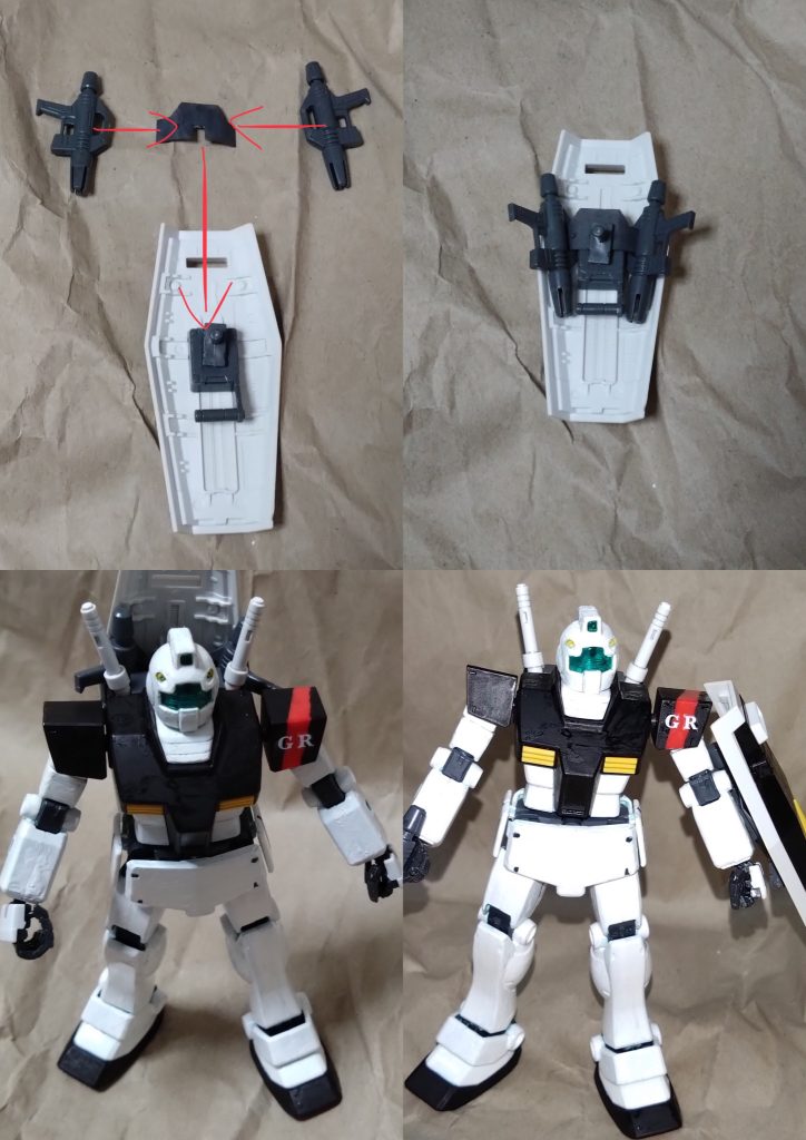 ここまで武装について説明しましたが、自分なりのオリジナルとしてスプレーガンを収納する場所を考えました。その場所はシールドの裏です。プラ版で作ったパーツにスプレーガンを左右に装着し、シールドの裏のジョイントパーツに挟めて取り付けるといったシンプルな方法で収納しました。そのままバックパック、または腕に装着することができます。