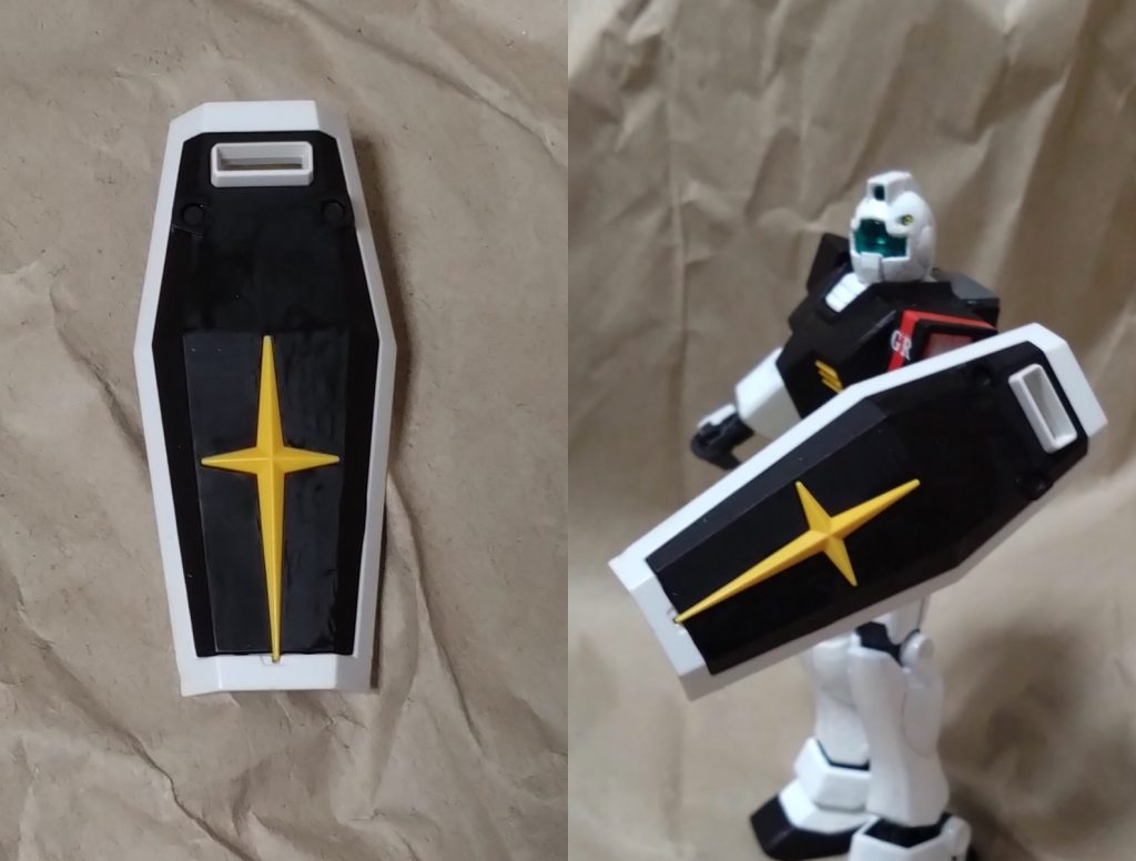 シールドジムの盾。ギャザーロード仕様の為、マーカーで色を塗りました。