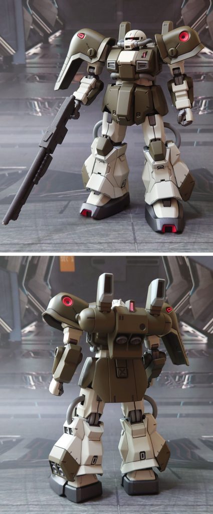 ホビーハイザック(オリジナルカラー)の前後ろ。工作はゲート痕処理、肉抜き穴埋め、パーティングライン・段ズレ・ヒケ対処、市販パーツの埋め込み・貼り付けによるディティールアップ。股関節(太腿側)がバラけ易く感じたので、接着しています。手首はHGUCシナンジュ・スタインのものを一式流用。このハイザック、設定では角指のようですが、敢えて丸指を使いました。