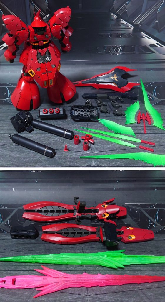 付属品一式。■塗装レシピモノアイ:市販のシール素材を使用頭部センサー:ガンダムマーカー・サイコフレームホログリーンビームサーベル・ビームトマホーク・ダブルホーン・ファンネルビーム刃:根元にベースホワイト→先端側にメタリックグリーン→全体に蛍光グリーンνガンダム用ロングレンジ・フィン・ファンネルビーム刃:根元にベースホワイト→先端側にメタリックレッド→全体に蛍光ピンク