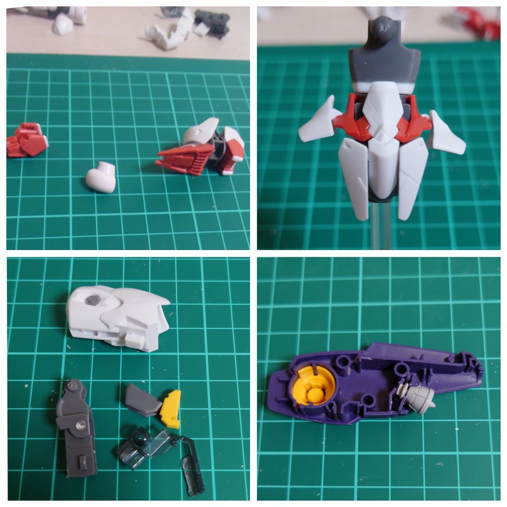 YouTube等を参考にして初めて合わせ目消しと延長加工をしました。踵を1ミリ延長、股関節の逆付けで隙間が大きくなるので腰アーマーの上部を2ミリ延長して取り付け位置をギリギリまで上に移動しました。右が加工後ですね。あとは膝パーツの合わせ目を消して後ハメ出来るように分割しました。ウエストの部分を2ミリ延長、お腹のアーマーの上部も2ミリ延長しました。プラ板を使うのも初めてだったんで難しかったです。太ももの裏の合わせ目を消して後ハメが出来るようにしました。色々パーツをぶった切りなんとかできました。ちなみに合わせ目は接着剤が乾く前に触ったりやらかしまくったので汚くなってしまいましたwフライトユニットはビルダーズパーツのバーニアに交換しました。水星のキットも肉抜き穴が多数あるのでできる範囲で埋めときました。