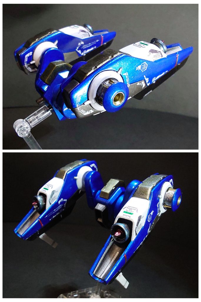 今回はエアリアル本体よりこっちのほうが時間かかったかもしれないです。カラーリングなんですが設定通りでもカッコいいと思うんですけど今回は本体色に使った色で塗り分けました。バーニア等も塗り分けたので金属っぽい質感が出たかなーと思います。あとは赤ラインのところとバーニア上の緑のところは余ってたシールを貼ってレジンを流しました。