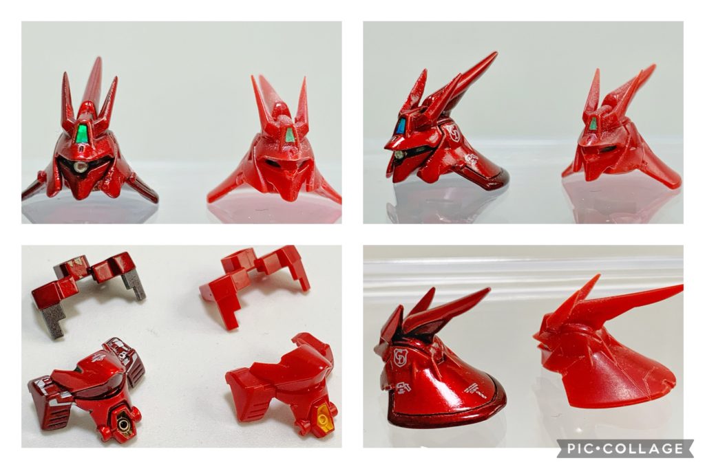 頭部改修箇所◇アンテナをシャープ化◇メインカメラにはダイソーの装飾テープを貼り付け◇モノアイをGEMドームとSPプレートに置き換え◇モノアイの置き換えに合わせ、ひさしとマスクを切削◇襟足にスジボリを追加して塗り分け胸部・腹部改修箇所下腹部のメガ粒子砲をピンバイスで開口し、裏側にメタルエッチングを貼り付け