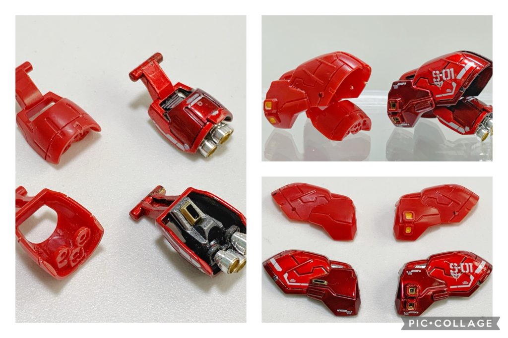 肩アーマー(メイン)改修箇所◇肩アーマー(メイン)の末端にスジボリを追加して塗り分け◇肩付け根のスラスターに合わせ、Uバーニア・プラ板によるディテールを追加肩アーマー(サイド)改修箇所◇スジボリ・角モールドを追加して塗り分け◇省略されているバーニアには、STDスラスター 4.0mmを追加◇アニマギアの余剰パーツとUバーニアで裏打ちパーツを作成