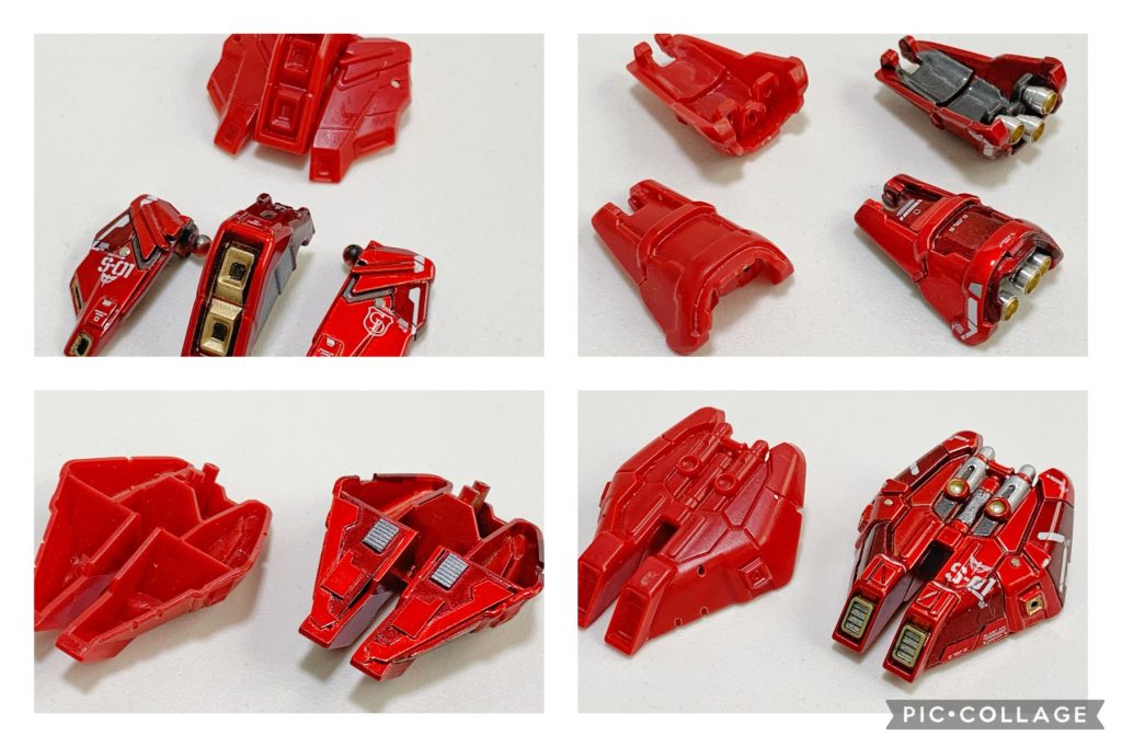 腰部改修箇所◇フロントスカートにスジボリ・角モールドを追加して塗り分け、HSリベット 1.0mmを追加◇サイドスカートの省略されているバーニアには、STDスラスター 4.0mmを追加◇リアスカートにスジボリ・Uバーニア・角モールド・HSリベット 1.0mmを追加◇リアスカート裏側の正面から見える部分にプラ板で作ったふたパーツを追加