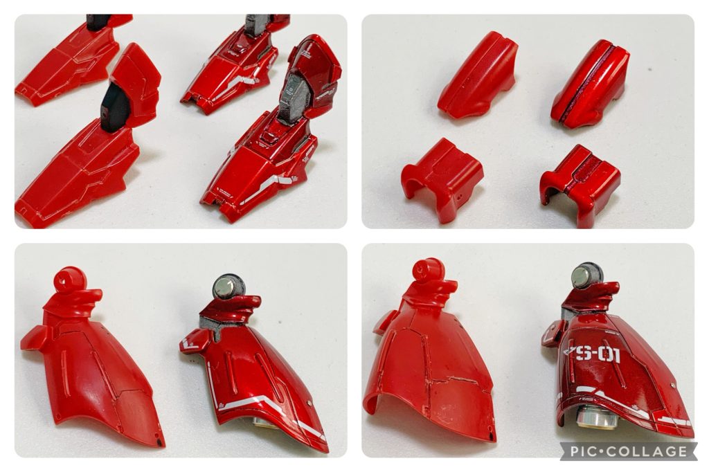 脚部改修箇所◇膝部分にスジボリ・プラ板を追加して塗り分け◇脛正面に角モールドを追加、一部を切り欠き◇膝関節にHSリベット 5.0mmを追加◇脛スカートにスジボリを追加して塗り分け