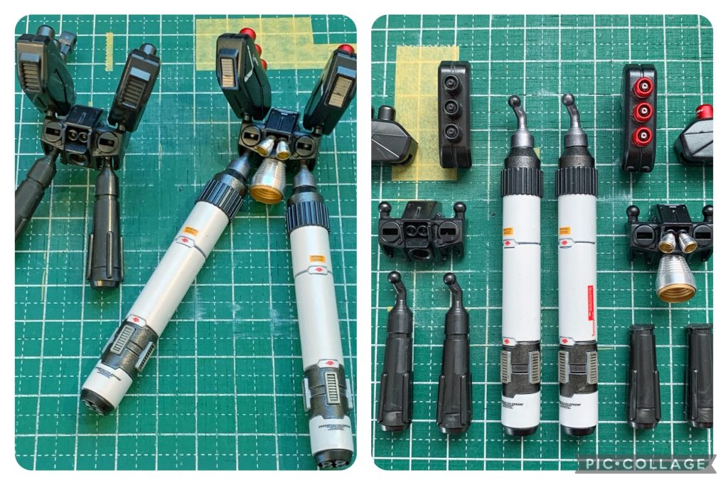 バックパック改修箇所◇ファンネルコンテナ背面のダクトにプラシート Vグルーブを貼り付け◇バーニアにSTDスラスター 4mm,10mmを追加◇素体のプロペラントタンクの接続軸部分を切断◇上記の接続軸をプロペラントタンク(丸)に接着して、プロペラントタンクを置き換え