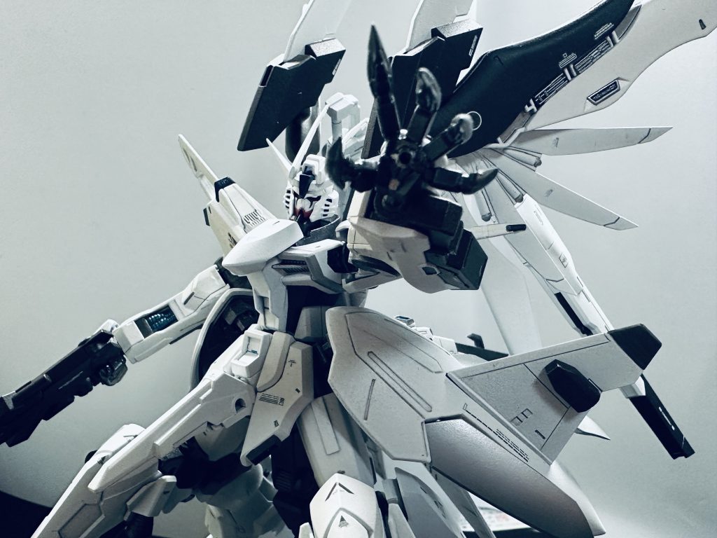 掌部ビーム砲を構えて中々かっこよくないですか?掌部分は元キットHGCEデスティニーのまま、指だけHGバルバトスルプスレクスの指を延長・鋭利化したものに変えました。また、顔をサイコガンダムmark2のように塗装しています。