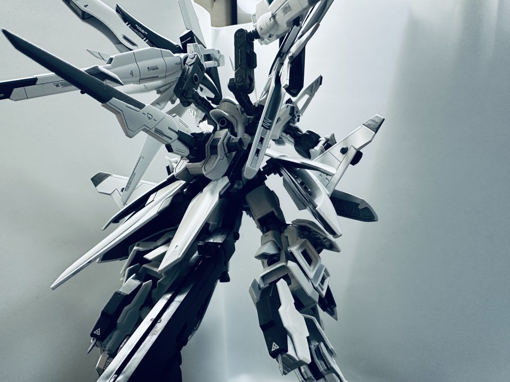 パンチラ角度から背景貫通してますが構図が結構かっこいいと思うんですよ。サイドアーマーにアルケーガンダムのものを使用していますが、ファング部分を粒子散布兼スラスターになるようにフィン状のパーツに置換していますが…見えずらいですねこれは