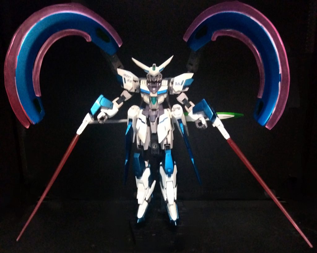 アスティグマティズムムーンモード(二重月牙)ルーナフェイズの粒子放出スリットより放出されたGN粒子の圧縮率を変換し、ビーム刃を発生させて格闘用サブアームとして扱う攻性の近接戦闘モードしかし、機体の要であるルーナフェイズを直接戦闘に用いるため、二重の意味で諸刃の剣であるちなみにアスティグマティズムとは乱視の意味で、もし月が二重に見えるような症状があれば、速やかに眼科に行く事をお勧めします