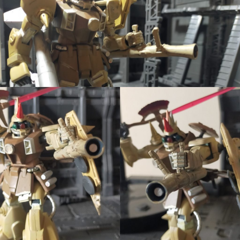 ヒャッハー「お次は固定式グレネードランチャーじゃ！腰のグレネードを弾道にアドオン式で玉を射出する優れもんじゃ〜！！」舎弟「これで遠くの敵にグレネードを正確に打てますね兄貴ぃ！☺」※代償に左腕使えません。モデルはザクのハイパーバズーカ。