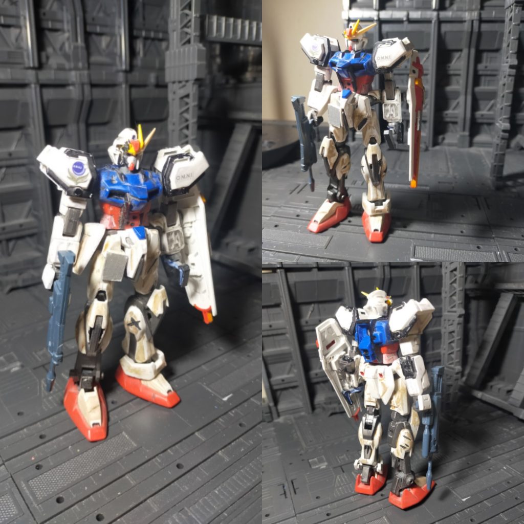 気を取り直して、こちらはストライクガンダム素体。耐用年数過ぎたせいか部品調達がままならず、装甲はボロボロ。フレームはむき出しである。もはやこれで戦っていること自体奇跡としか言いようがない。