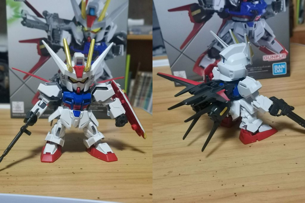 上記はシールを貼ったのみの状態です。この後、部分塗装を行いました。・細かい部分の塗り分けは１００均のネイルアート用ブラシ（５本セット）で境目付近を注意深く塗りました。・エールストライカーの赤い部分は３回重ね塗りを行いました。