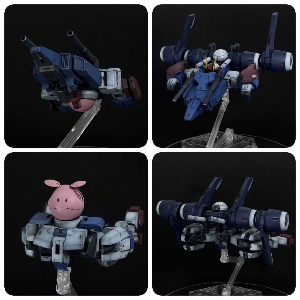 2機合体の形態もとれます。ちなみにハロは、FSスレッタに付属していたものです。ハロは、トップには背面の長方形穴への軸接続、ボトムには3mm四角軸で接続しています。トップは、胴体前後パーツをスライドできるように加工してハロ収納時のスペースを確保しています。トップ＋バオリでトップ・バオリバード、ボトム＋バオリでボトム・バオリバードと呼びます。