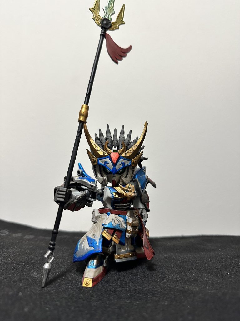 腕部、兜、バックパック、足、槍が趙雲ガンダムからの流用で、素体はほぼほぼエドワードセカンドVボディもセカンドVですが竜の頭と配色でそれっぽく。腰巻も配色だけ変えて趙雲に合うようにしました