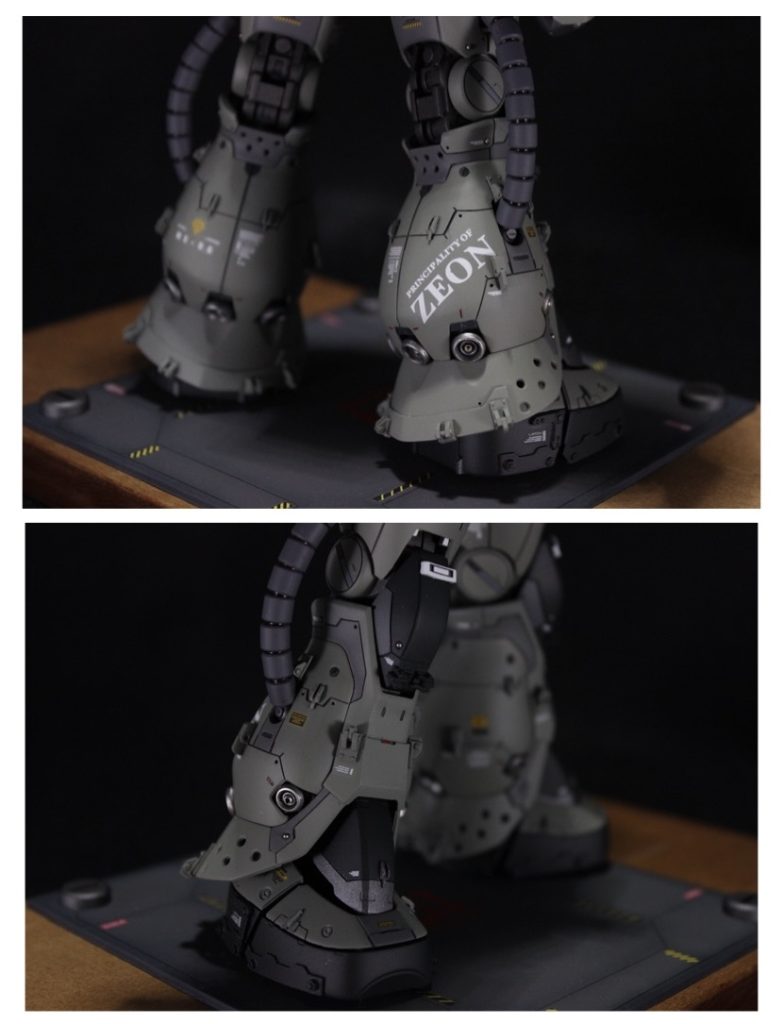 脚部の改造です。スネにプラ板、膝に自作3Dパーツで外装を追加しました。膝のパーツは加工のミスを誤魔化すためなのは内緒にしておきます。腰部と同様、自作ヒンジパーツをたくさんつけています。なんとなく、下半身の方が汚れたり、重量を支えるというような理由からメンテナンスする頻度が高いのかな?と考察してみました。また、脚部の小さいパーツにもメタルパーツを仕込んでいます。