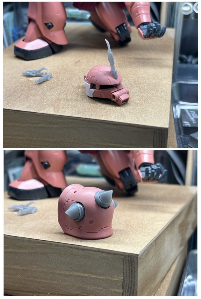 頭部と肩部の加工の様子です。元々のパーツに合わせた3Dパーツの作成ですが、今までは一生懸命見て、測れるところは測ってと、超アナログなパワープレイだったんですが、先日から参加させていただくことになったサークルの制作会で3DCADのソフト(fusion360)に写真を挿入してトレースする方法を教わり、一気に簡単になりました笑アンテナは教わったキャンバスという機能を使って作成、スパイクは簡単な形状なので径を測ってモデリングしました。また、この写真のときは出力後の2次硬化の時間をあまり理解していなくて、成形が甘いんですが、硬化時間を20分〜30分くらい取ることでしっかり硬化し、いい感じになりました。