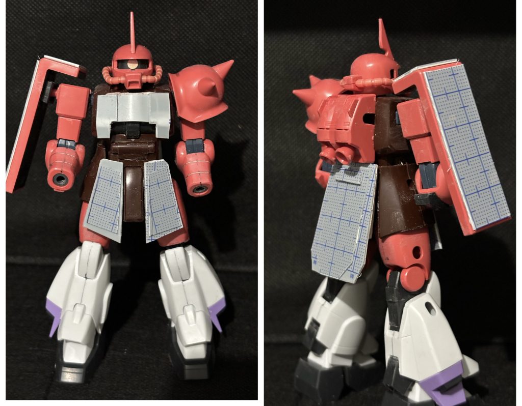 ブレイズザクファントムの脚部をミキシングして高機動ザクっぽくしてみました。太ももごとザクファントムの物をしようかと思ったのですが、あっちのキットはスタイリッシュで太ももが細くアンバランスなので膝下からそっくり移植です。