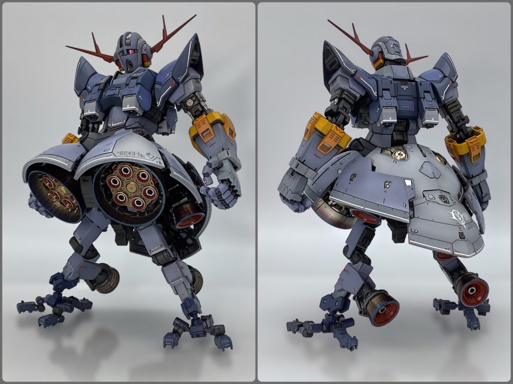 と言うわけで足が生えます。RGジオングはランディングギアが付属しますが、短くて着陸難しそう、無重力下で機体固定できないのでは？、何よりRGなのに差し替え…台座代わりだとは思うのですが、気になってしまいました。また、巨大なメインバーニアをMGドムの足に差し替えたらパーフェクトジオングにできますよと書いてあるような構造なのですが…この凝ったバーニアを付け替えるなんてとんでもない！Pジオングは、プラモ狂四郎で子供が考えた足なら全然良いのですが、MSVに組み込まれるにあたって大人が付け加えた「僕が考えた最強の〇〇」みたいな設定が…そもそも地上向きの機体ではないので、無/低重力施設での移動、固定用の足とし、空間戦闘時は畳む構造にしてみました。