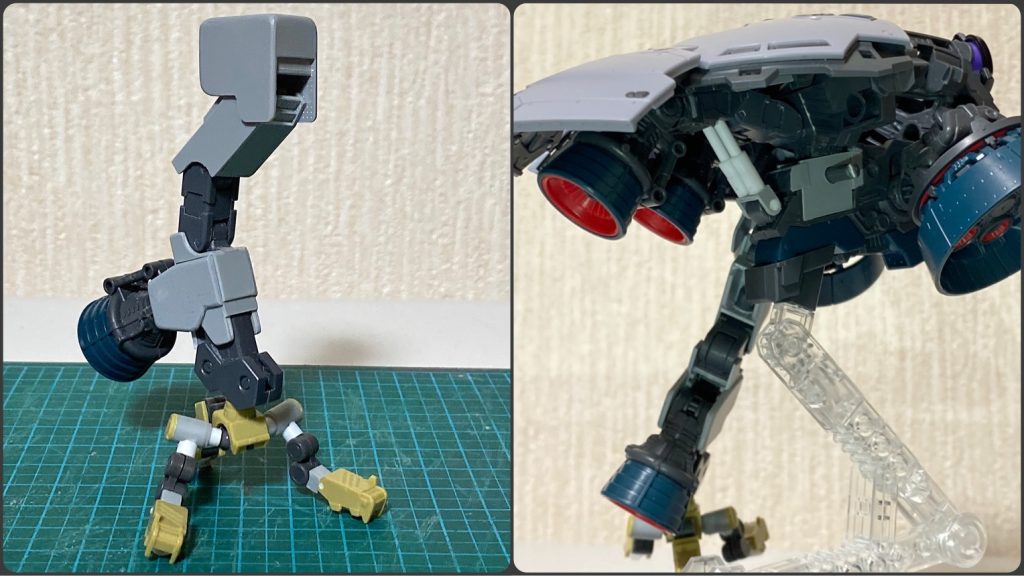 脚部関節はランナー直売で入手したパーツや、市販パーツを使用、リアスカート内の5連バーニアを左右1基移植し、外装はプラ板スクラッチです。スカート内のバーニア以外の構造物を極力切り落とし、足を格納するスペースを確保、スカート左右のバーニアが足を開く際に干渉するので、リアスカートを持ち上げる構造も組み込みました。