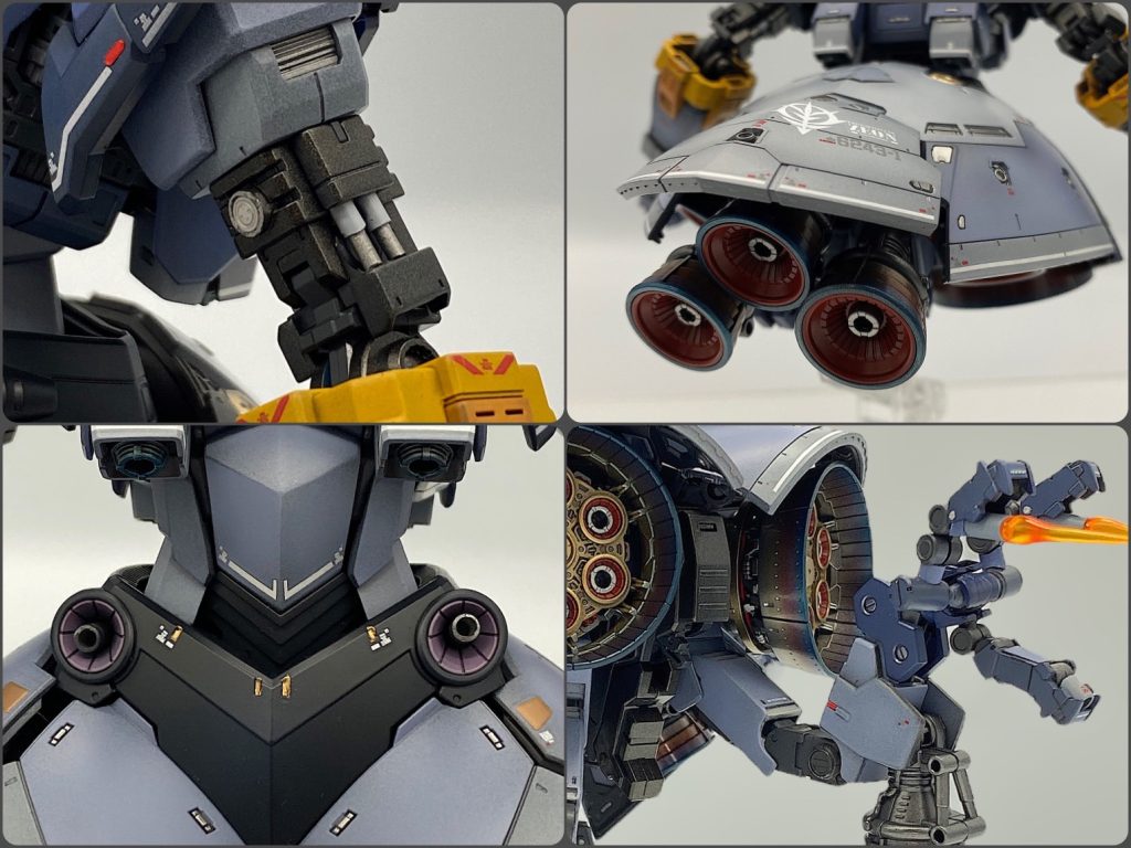 その他のディテールアップなど。・未完成故にカバーが無い腕は若干メカ感を追加。・リアスカートの5連バーニアは脚の都合で配置が変わってます。バウンドドックも同じような並びだったので、スカート内に何か格納するとこうなるんですね。・腰部メガ粒子砲は進行方向に垂直固定で使いづらすぎるので、基部をボールジョイントにして若干動くようにしましたが…微妙すぎる😅サイコガンダムのようにサイコミュで向きを変える想定です。・ビームクローは鉤爪のカバーが開いて発振器が露出します。サーベルエフェクトはネオジム磁石で着脱。脚で格闘するイメージで作成しましたが、ジオの隠し腕を連想しますね。色々と0087期を連想する要素があるのはアリなのか…若干悩みましたが、ジオンの集大成MSなら後の時代につながるのはむしろ道理だろうと吹っ切りました😁技術的にはビグザム等の延長ぐらいで不可能ではないと思っています。