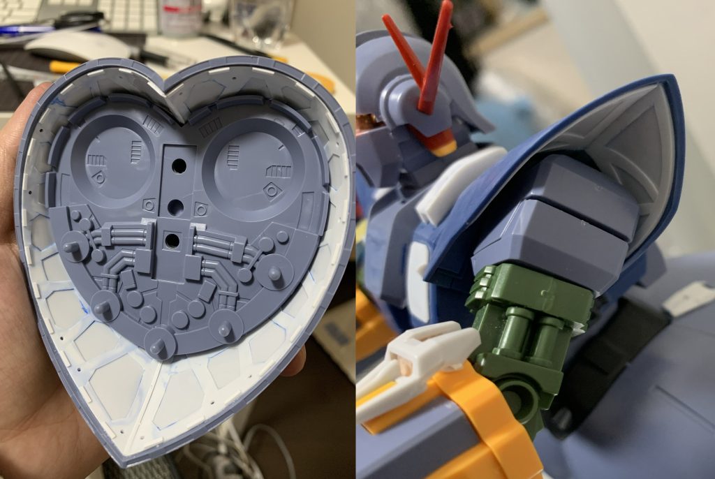 スカートの裏やショルダーの裏がツルツルだったので内部フレームっぽい工作をプラ板でしてみましたがメタルブラックで塗ったので良く見ないとわかりません。。