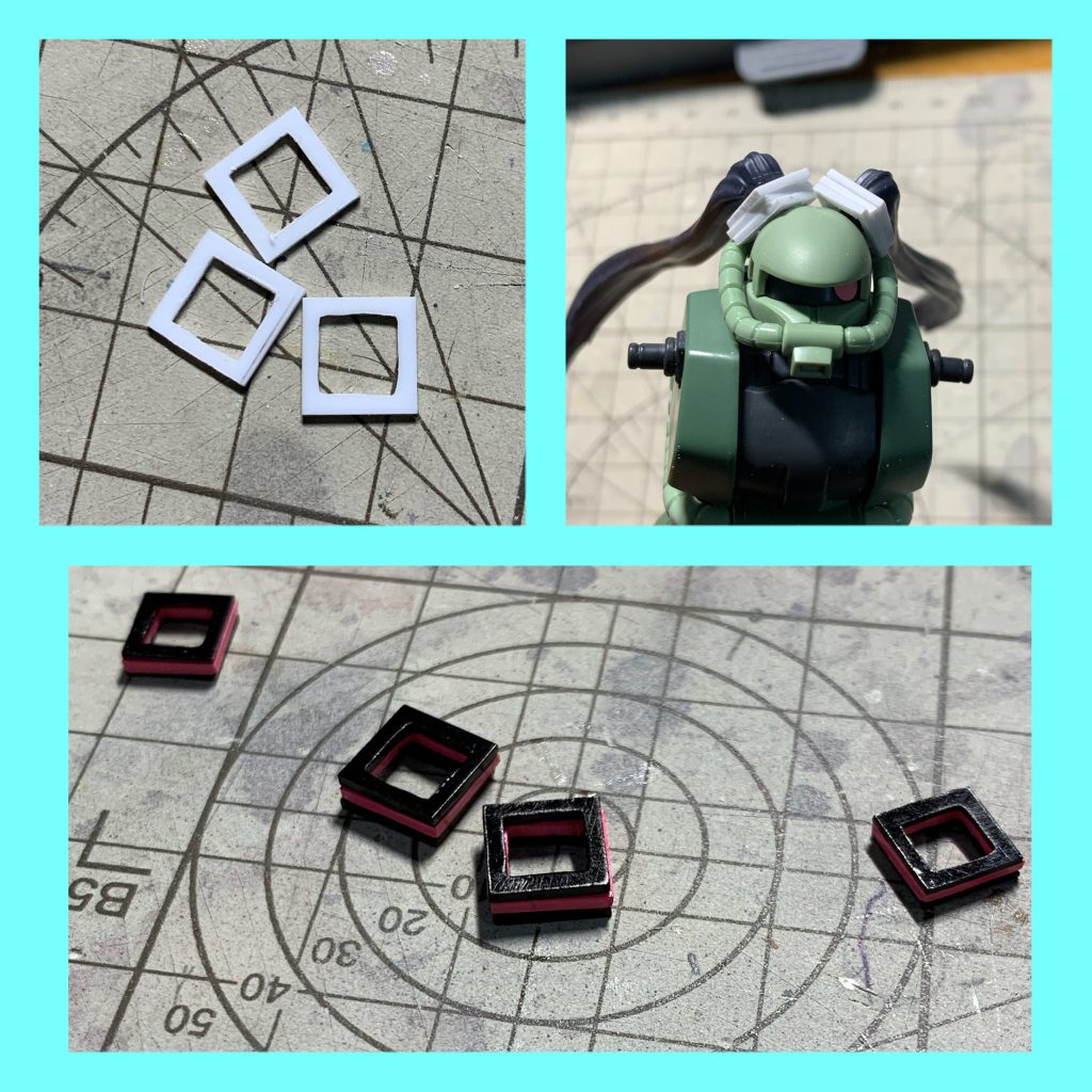 初音ミクと言えばコレ!という髪飾りプラ板を貼り合わせて作りました。