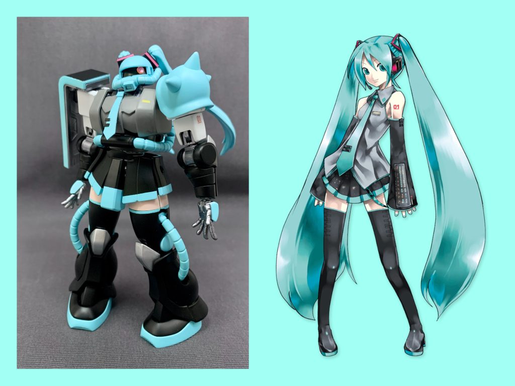 制作工程のご紹介です。一目瞭然だと思いますが、モチーフは初音ミクとなっています。3月9日にX(旧Twitter)上で#ザクの日とか#ミクの日とか発信が入り乱れるので、混ぜこぜにしたカオスなものを放り込んだろ!と思った悪ノリが制作に当たったきっかけです。