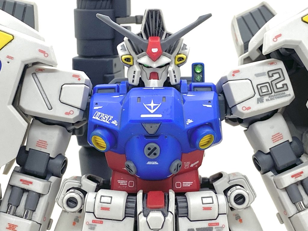 デカールはガンダムデカールのHGのユニコーンガンダム用とMG Ｖガンダム Ver.Ka用、地球連邦軍MS用1をメインに閃光のハサウェイ用の余りや市販のデカールを使い、カトキ風にしました。今回はガトーに奪取される前のアルビオンに納品された直後をイメージして貼ってます。