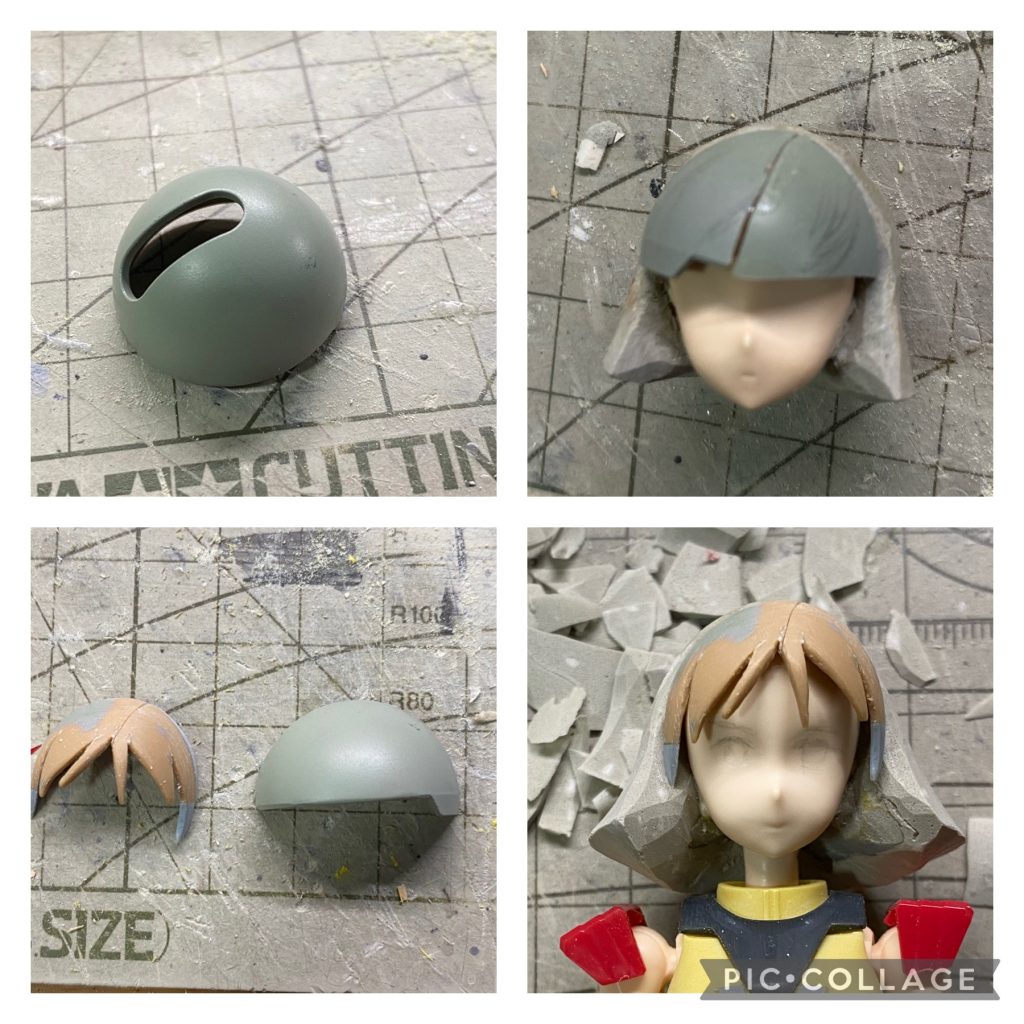 前髪は、どこの家庭にもあるHGUCアッガイのパーツから削り出して作っています。後髪はエポパテですね。