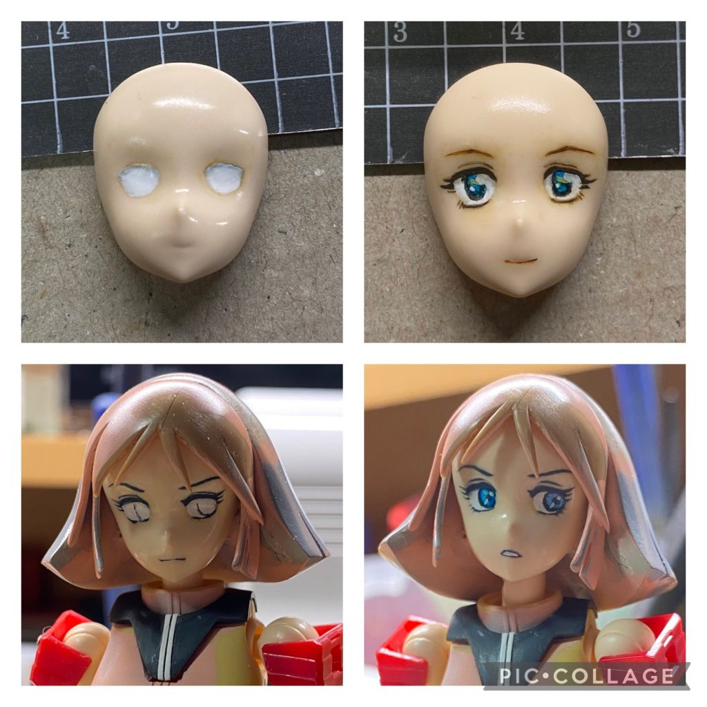 目は白目を塗ってから一度クリアを吹いて、エナメルで描いては消し描いては消しで、最終的に左目線にしました。アニメや設定画とは輪郭や体型が違うので、そのまま描くと違和感があるため、やや幼いバランスにしました。