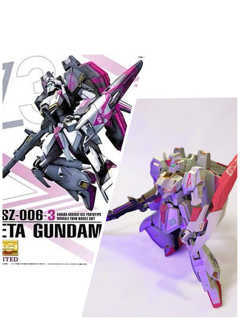 それで、3号機A型はカラーリングを変えれば簡単に再現出来るんですが、このカラーリングも媒体によって紫の色味が色々違ったり、塗装の違いで初期検証型とか色んなバージョンとして設定されてたりするんですよね。そこで、自分的にいちばんカッコいいと思ったMG版を参考に、純白にライトグレーとビビットな蛍光色寄りのパープル、ダクト部等にゴールドの差し色でまとめることにしました。パープルは水性塗料で蛍光ピンクみたいな色があるよな〜という思い込みで買いに行くも見当たらず、調べてみたら年明けに水性ホビーカラーのものが復活するらしいと。。。しかし、年明けまで待てない！と、試行錯誤の末、メタリックレッドをベースに調色しました。