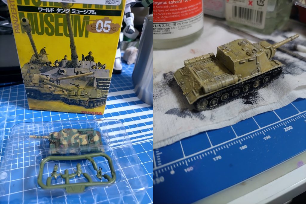 ホワイトオーガーといえば、61式戦車を踏みたくて(トップの写真)、似たようなフォルムの車高が低くて砲身が1本でいいから長い1/144スケールの戦車を探したもののどれもピンと来ず、ブックオフで WORLD TANK MUSEUM Series05をゲット。箱入りでは中身わからず、アフリカ迷彩のティガーI狙いでしたが、出たのが ロシアのJSU-152重突撃砲 3色迷彩... 砲身は長かったので良しとしました。さすがに 3色迷彩は違うなと塗装し直し、それっぽいデザートカラーになった、としましょう。戦車についてきた人x3体もどうにか使えればよかったです。以上です。ここまで見ていただいた皆様、ありがとうございます。本年もよろしくお願い致します。少しは上達できるようにがんばります。