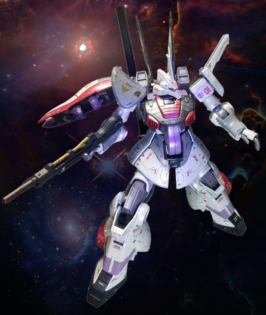 さらに、シールド裏に試作型ファンネルを搭載!ん?肩のパーソナルマークは。。。。ファンネルは、DSOビーズに2mmプラ棒をぶっ挿しレジンを少し塗って、裏側を1/3ぐらい削りました。シールド裏のファンネルラックはDSOねんど😜