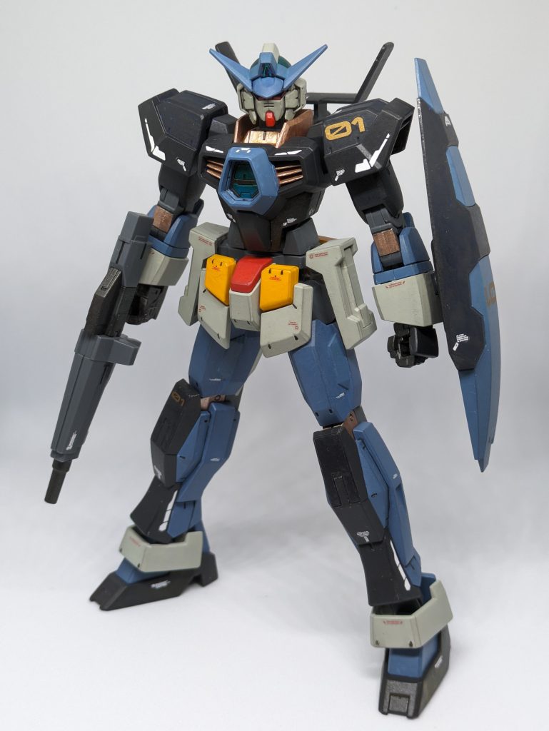 ラッカー Mr.COLOR顔、手首、腰、アンクルガード:ガルグレー(うすい灰)アンテナ、太腿前面、脚:ミディアムブルー(緑っぽい)肩、胸、脛、足先:ミッドナイトブルー(ほぼ黒)首周り、ダクト:カッパー腹:黒鉄色赤:キャラクターレッド黄:キャラクターイエロー頭頂のライン、A:メタリックグリーン
