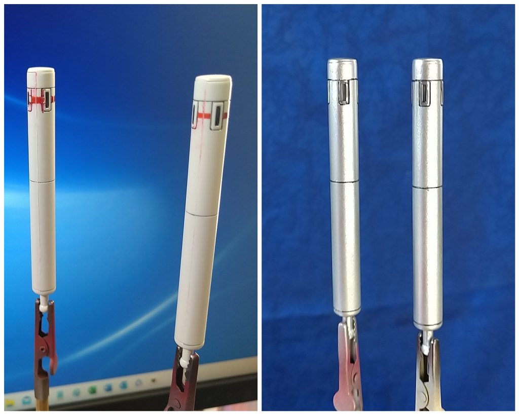 プロペラントタンクは一度塗装をしくじり、全体をシャインシルバーで上書きすることにしました。