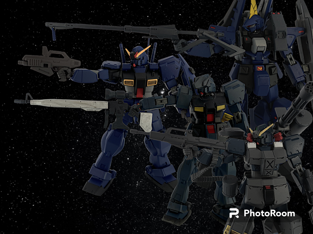 ご覧いただきありがとうございました😊バーザムとアドバンスドヘイズルのミキシングから始めたオリジナルTR計画ですが、手持ちのキットがなくなったので、この４機で終わりにします笑各機体のページも見ていただければ嬉しいです。試しにPhotoRoomなどの画像編集アプリを使ってみましたが、かっこいいシーンを作るのは難しいですね、、、もっと勉強しようと思います！