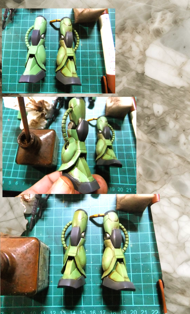 今回の仕上げは一番上の画像は基本色とリアルタッチマーカー ブラウンをメラニンスポンジで研磨したなんちゃってグラデ−ション。真ん中の画像はウェザリングカラーのスティンブラウンを塗ってキムワイプで余剰塗料を拭き取ったもの。一番下の画像はウェザリングカラーとリアルタッチマーカーの仕上がりの比較画像となります。