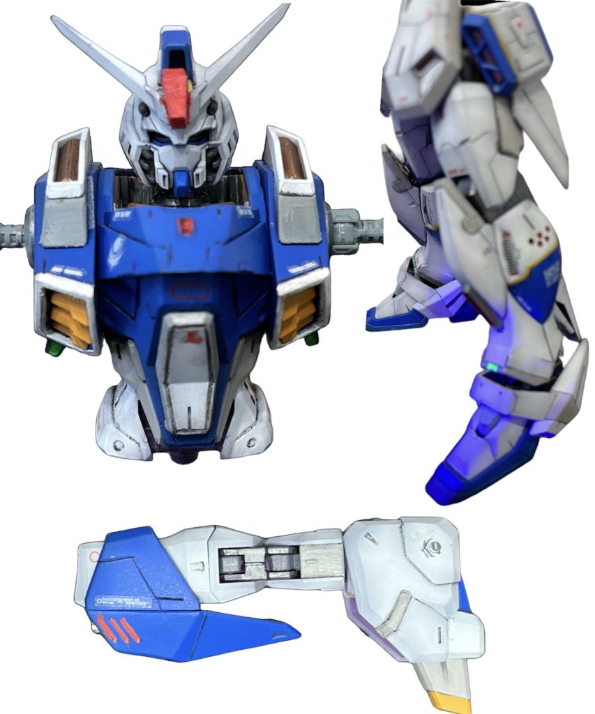 スネアーマーディテール変更、GP03をモチーフにセンサーをつけてみました。ブラックライトで光ります。肩アーマーのっぺりしていたのでメリハリつくよう少しいじりました。肩天板、バーニア塗り分けで立体感出しました。ボディのインテークは塗り分けで別パーツ感を出しました。コックピットハッチは段落ちモールドと色分けしました。頭部、額紛失で次作です。頬ダクト紛失で…諦めました😱メインカメラ、ツインアイ、ブラックライトで光るようにしていますが、奥まっているので効果なさそうです。