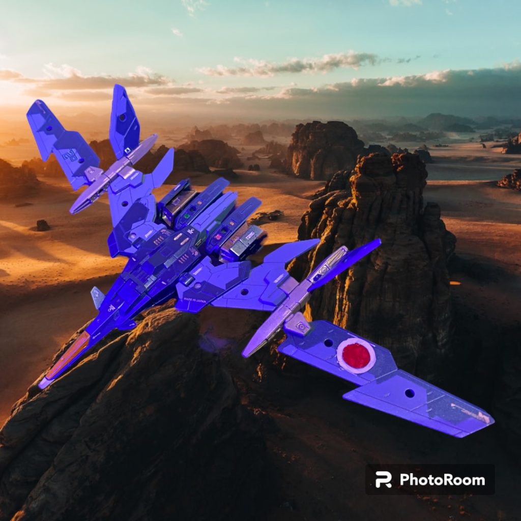 もう一つの作品のモチーフが、日本の空を守るサムライブルー、F2戦闘機です。ベギルペンデ にはこのカラーリングが絶対似合うと思い洋上迷彩のF2を参考に配色しました。バックパック兼支援航空機の30MMエグザビークルもF2をイメージし、ペンデ(5の意)の次世代機へクス(6の意)というところから、ヘックス迷彩のラインを取り入れた洋上迷彩を翼にマスキングで描きました。これは良かったのですが、さらにその上に日の丸もマスキングで描こうとして地味に失敗💦今年はマスキング修行がんばります笑