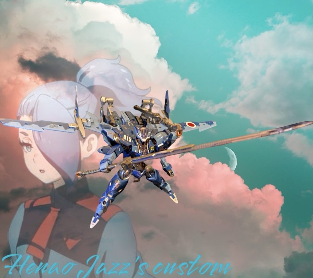 最近ガンプラも取り扱い出したブックオフで見た目全くの新品でしたが¥1000でゲットしたものを、シャディクガールズの中で推しのエナオ嬢の専用機としました。髪の色のブルーグレーはベースカラー、瞳の色のエメラルドはシェルユニットに、濃いブルーはジャズ用語のブルーノートに掛けて。