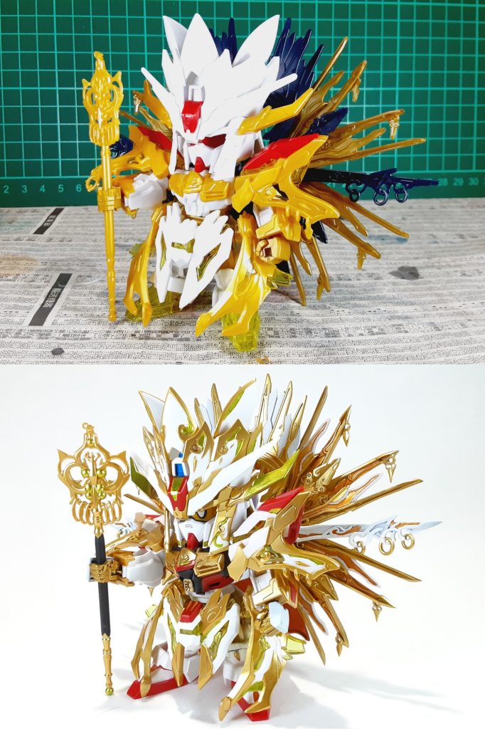 塗装前との比較肩の装飾が劇中と違ったので加工、錫杖はプラモだと埋まっていたのでくり貫きました