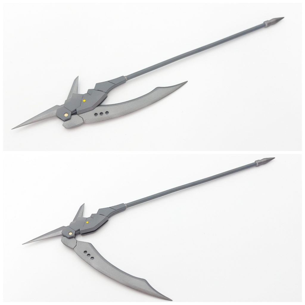 サイスは刃の部分をプラ板で作り直し、全体的に大きくしてます合わせて柄を2センチ延長