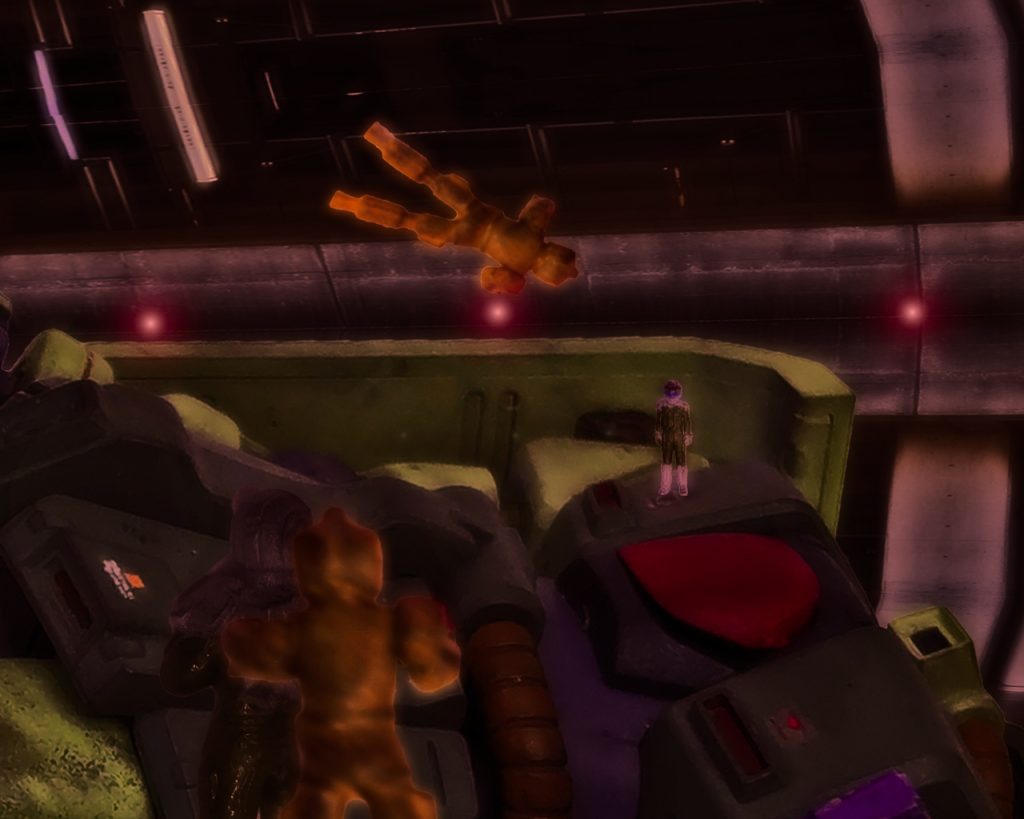 「これ見た目ザクですけどF型とエライ違うや」こちらでも整備兵が嘆いている。「スマンな。このFZ型は統合整備計画の先行型でな。貴官らの為の機体でもある」ザクFZのパイロット、マサムネ・キリュウ大尉は穏やかな口調で話す。「ああ、例のマ・クベ大佐プランの。とはいっても、まさかいきなりここに来るとは」「まあ、よろしく頼む」マサムネは整備兵の肩を軽く叩くとブリーフィングルームに近い通路へ向かった。その後ろ姿を肩叩かれた整備兵は暫くの間眺めていると別の整備兵が声をかける。「どうしたんだ?」「‥いや、どうもな‥」「何だよ?」「口調は優しいんだが、何かこう殺気だったものを感じてな」「パイロットなんて気が立っていて、みんなそんなモンだろ」「あの細く鋭い目が何とも。身のこなしも隙がない感じがして。昔サイド3の映画館で観た「サムライ」みたいな奴だな‥」